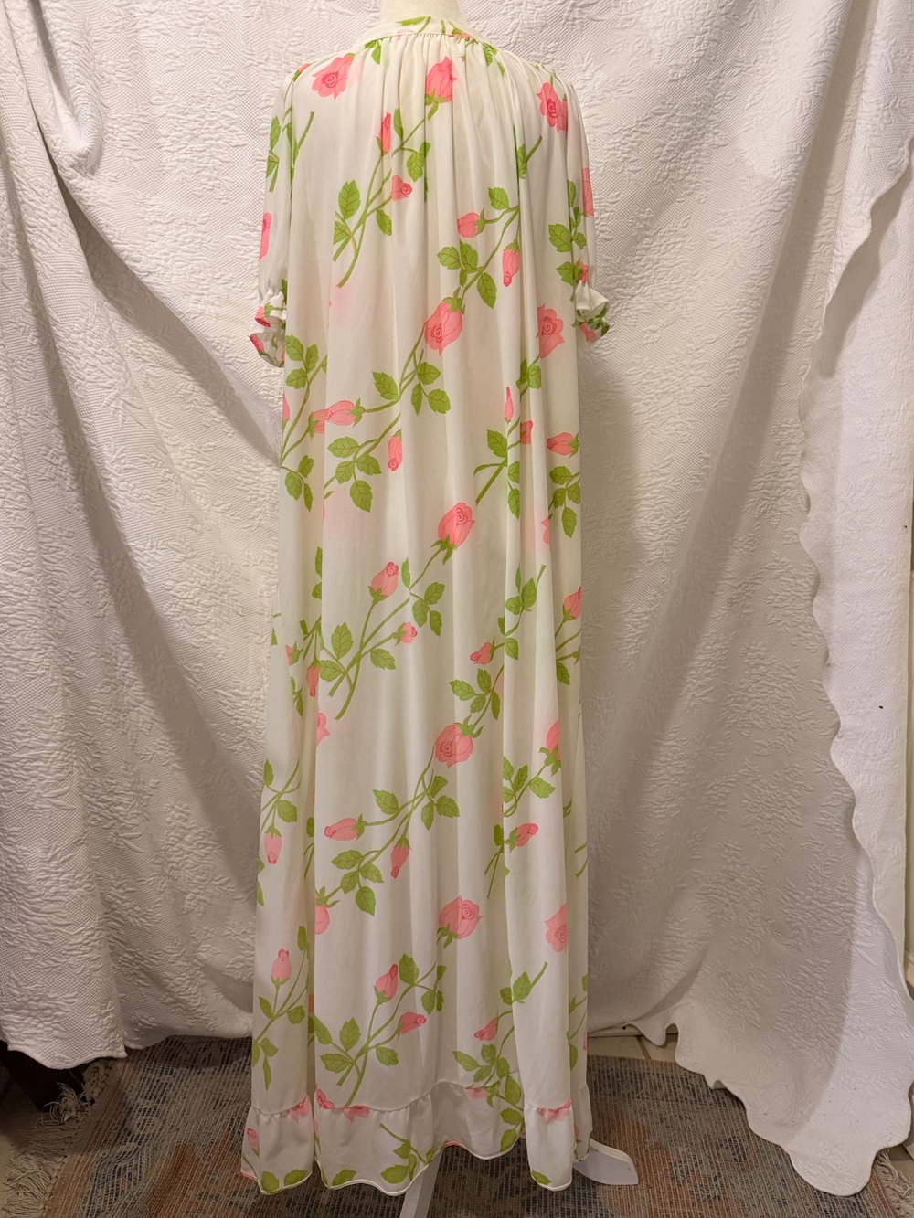Vintage Floral Peignoir Robe Pink Rose Ivory Sheer Long Dressing Gown Cottagecor - Picture 10 of 14